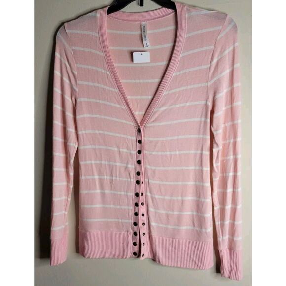 Zenana Outfitters Striped Cardigan Peach & White Small Bronze Colored Snaps - Picture 1 of 4